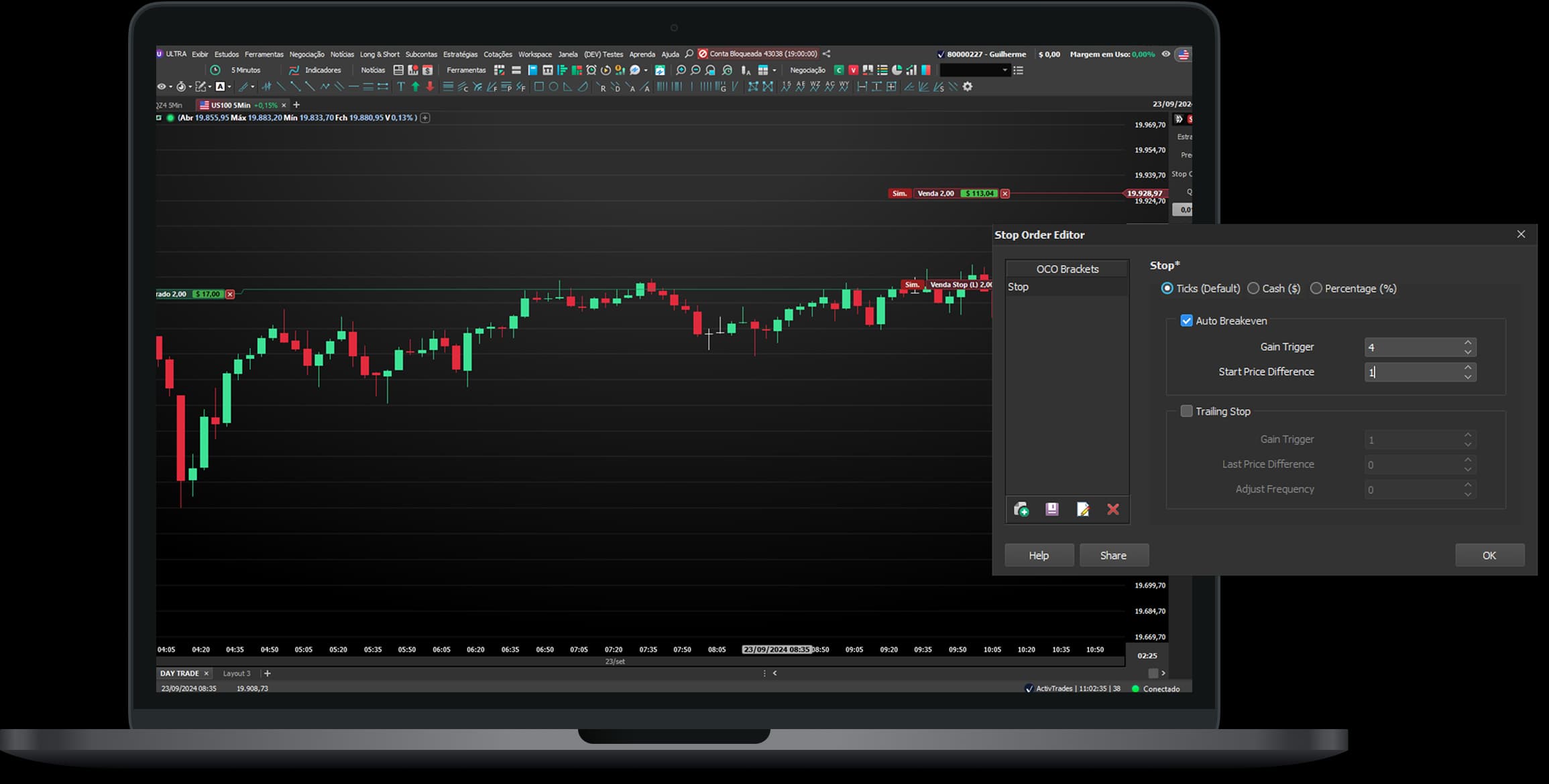 BlackArrow trading platform showing live chart and stop order editor